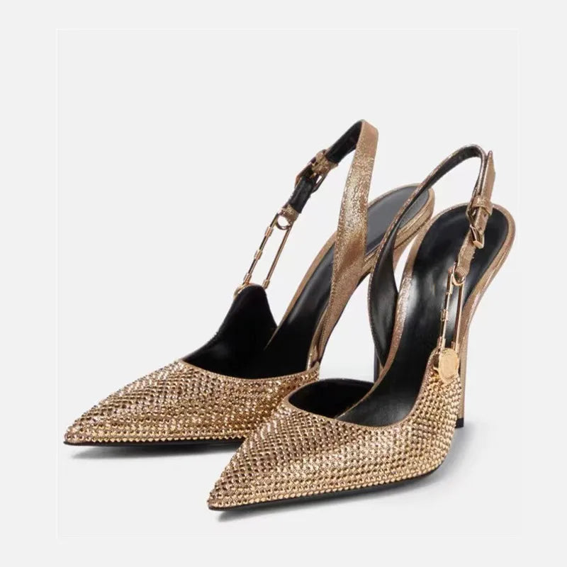 Elegant Rhinestone Pointed Toe Slingback Heels